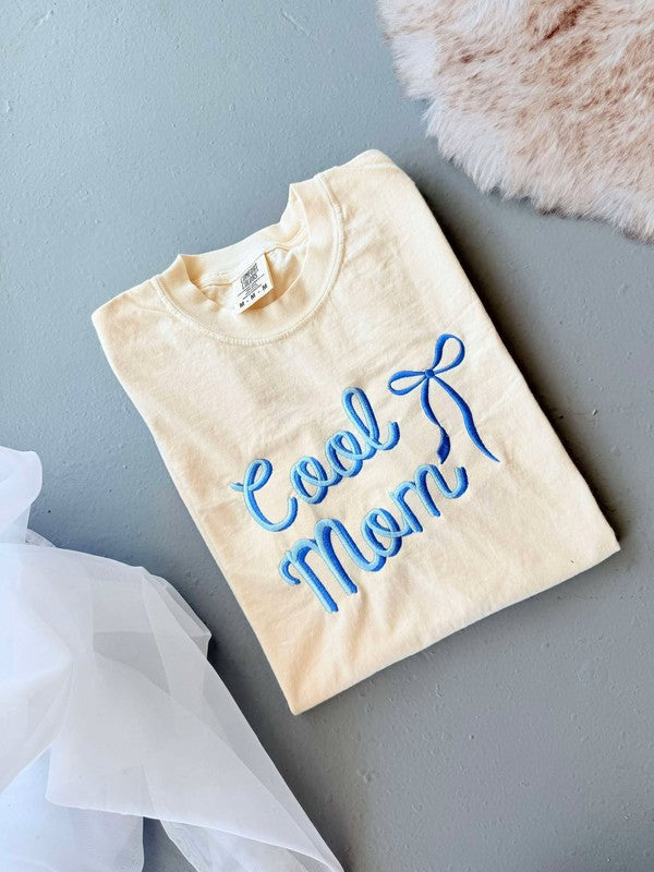 Cool Mom Blue Bow Embroidered Graphic Tee Shirt