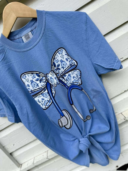 Blue Chino Stethoscope Bow DTF T Shirt