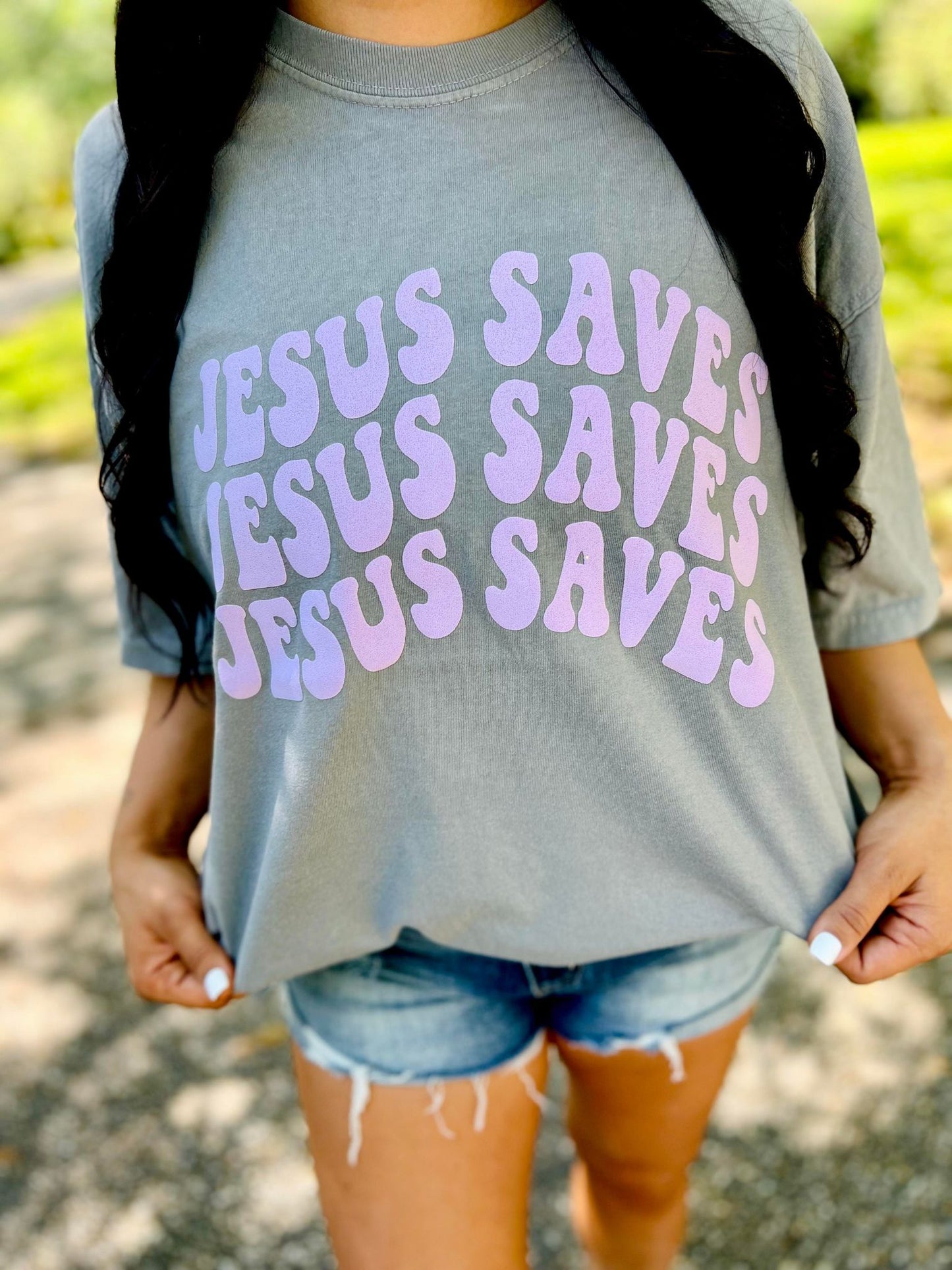 Jesus Saves Retro Stacked Puff Tee