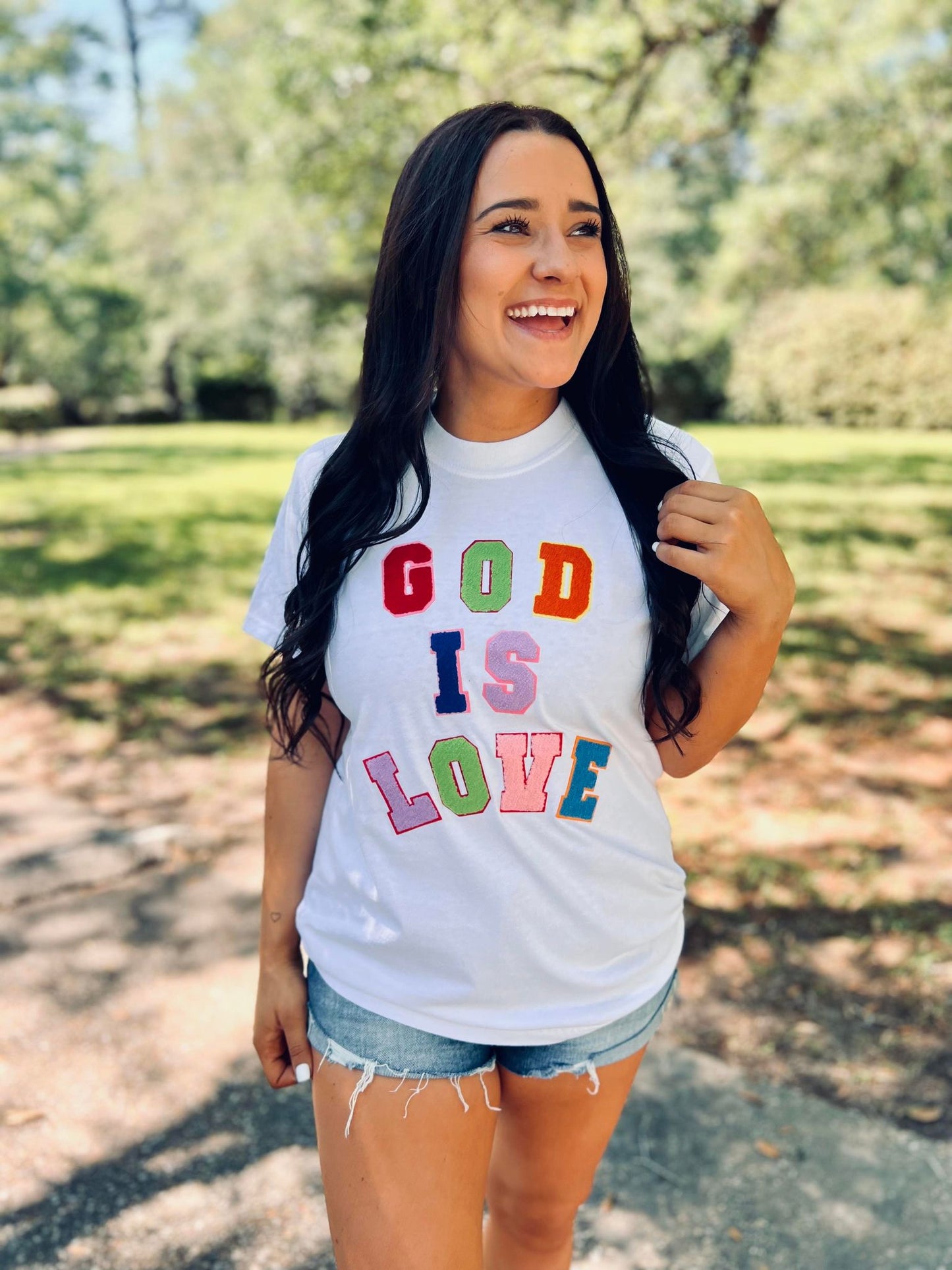 God Is Love Multi Colored Varsity Patch Tee