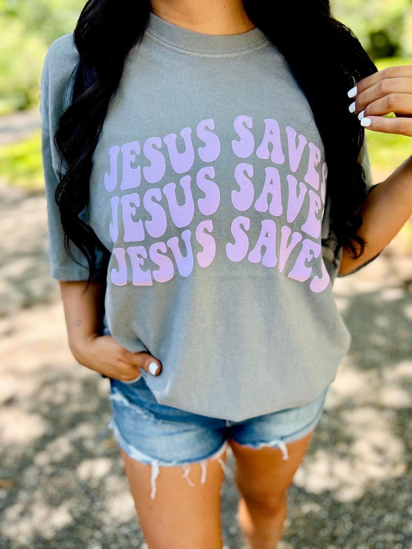 Jesus Saves Retro Stacked Puff Tee