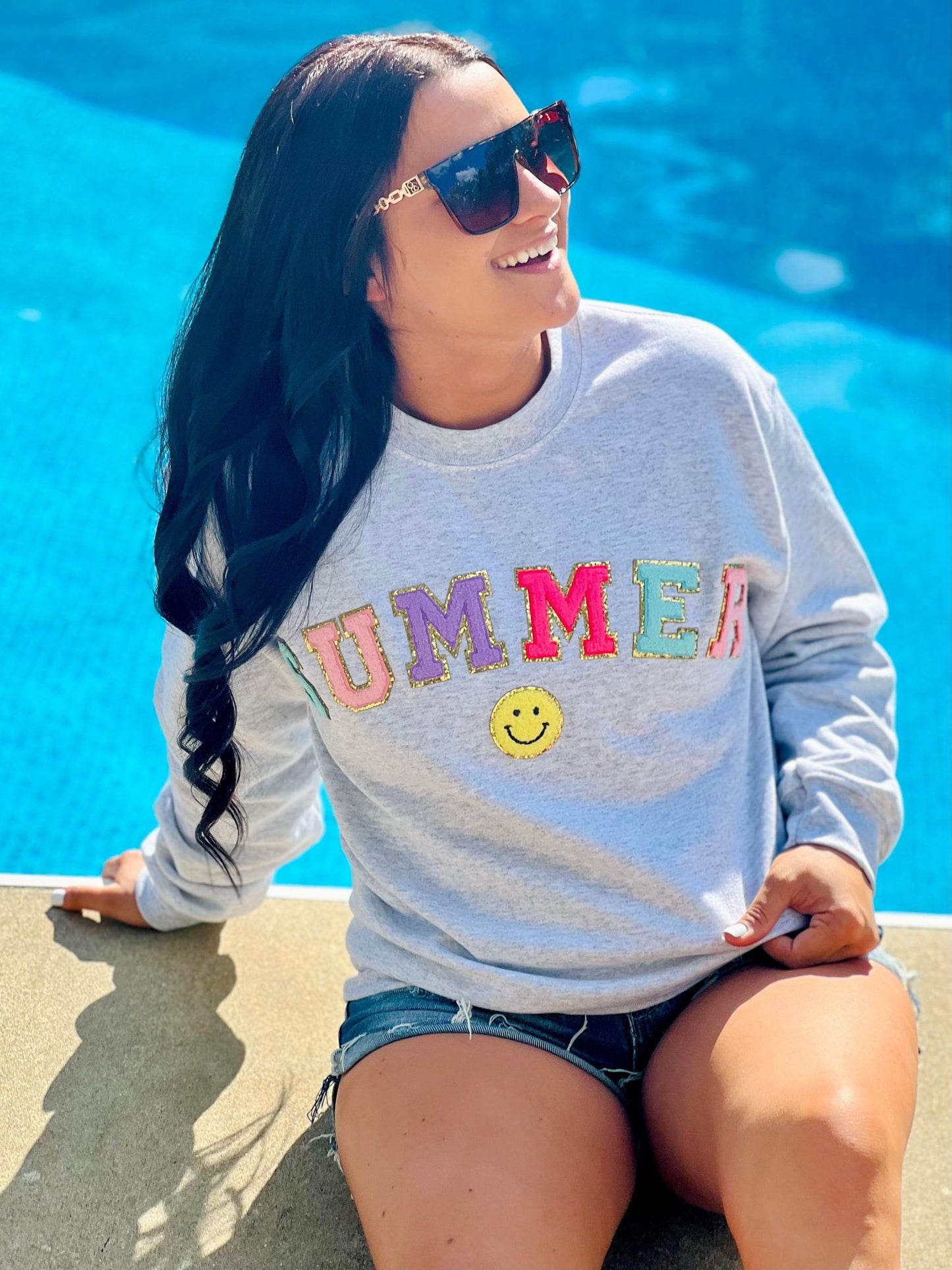 Summer Happy Multi Colored Chenille Patch Sweatshirt