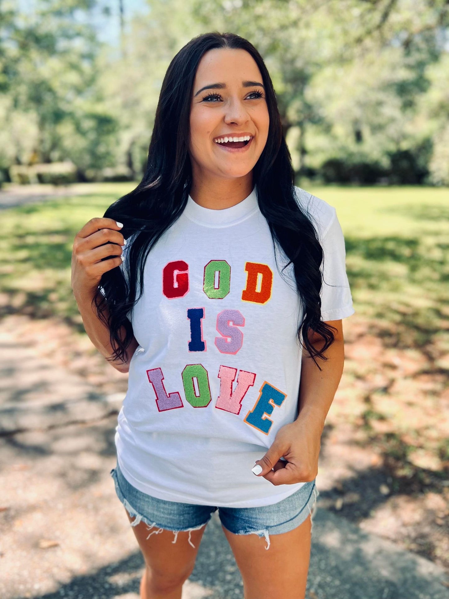 God Is Love Multi Colored Varsity Patch Tee