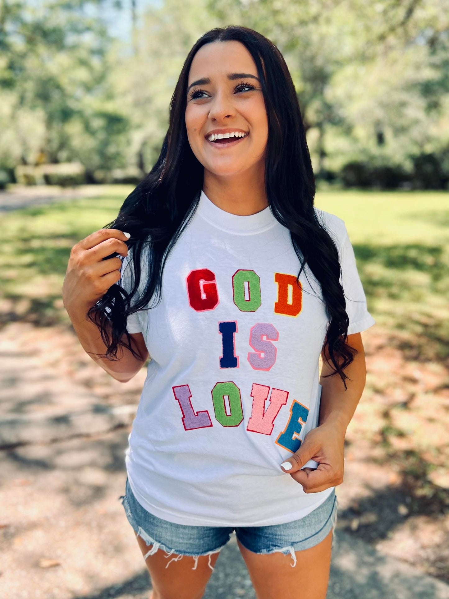 God Is Love Multi Colored Varsity Patch Tee