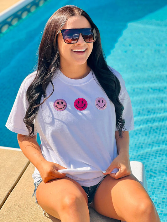Pink Glitter Happy Trio Patch Tee