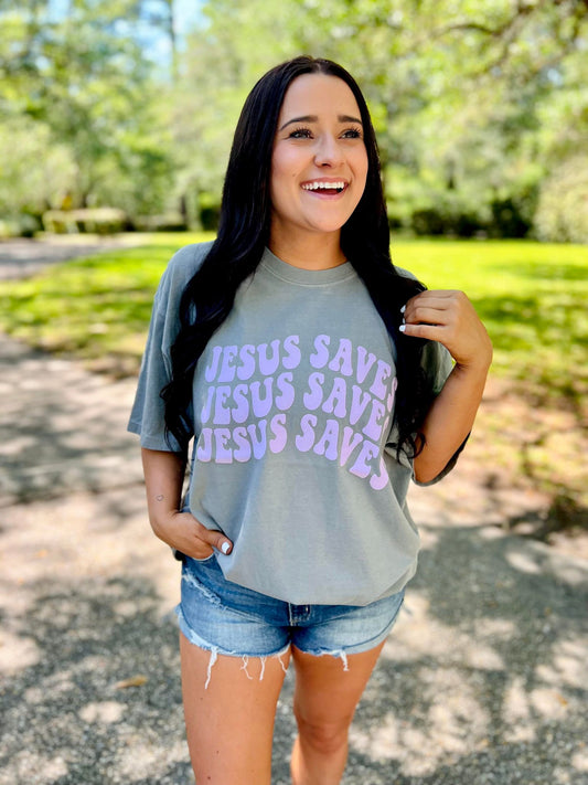 Jesus Saves Retro Stacked Puff Tee