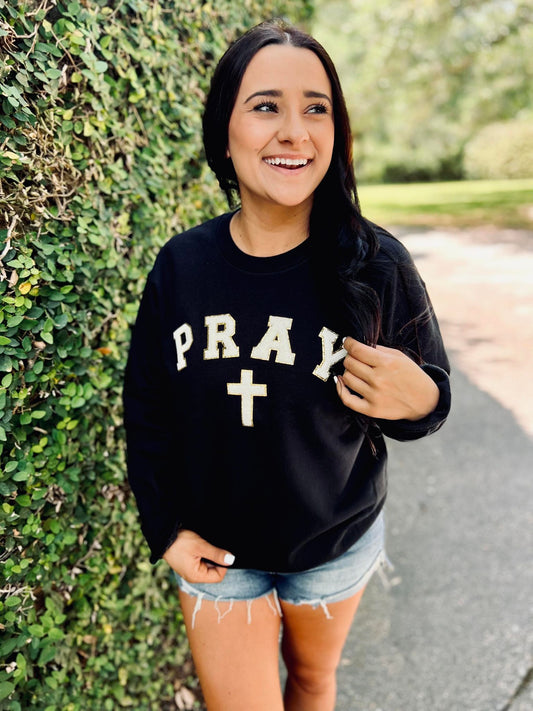 Pray Cross Curved Chenille Patch Sweatshirt