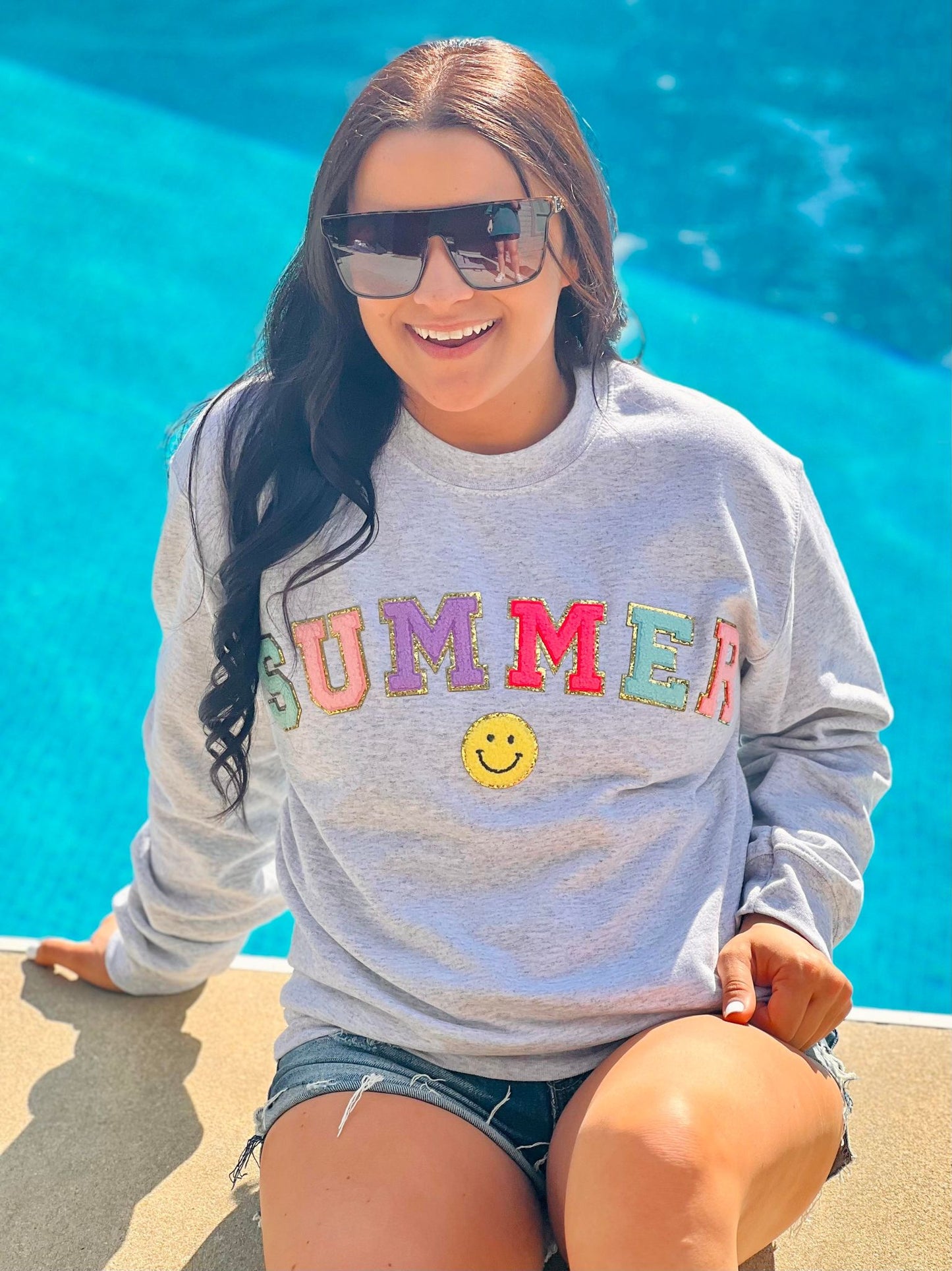 Summer Happy Multi Colored Chenille Patch Sweatshirt