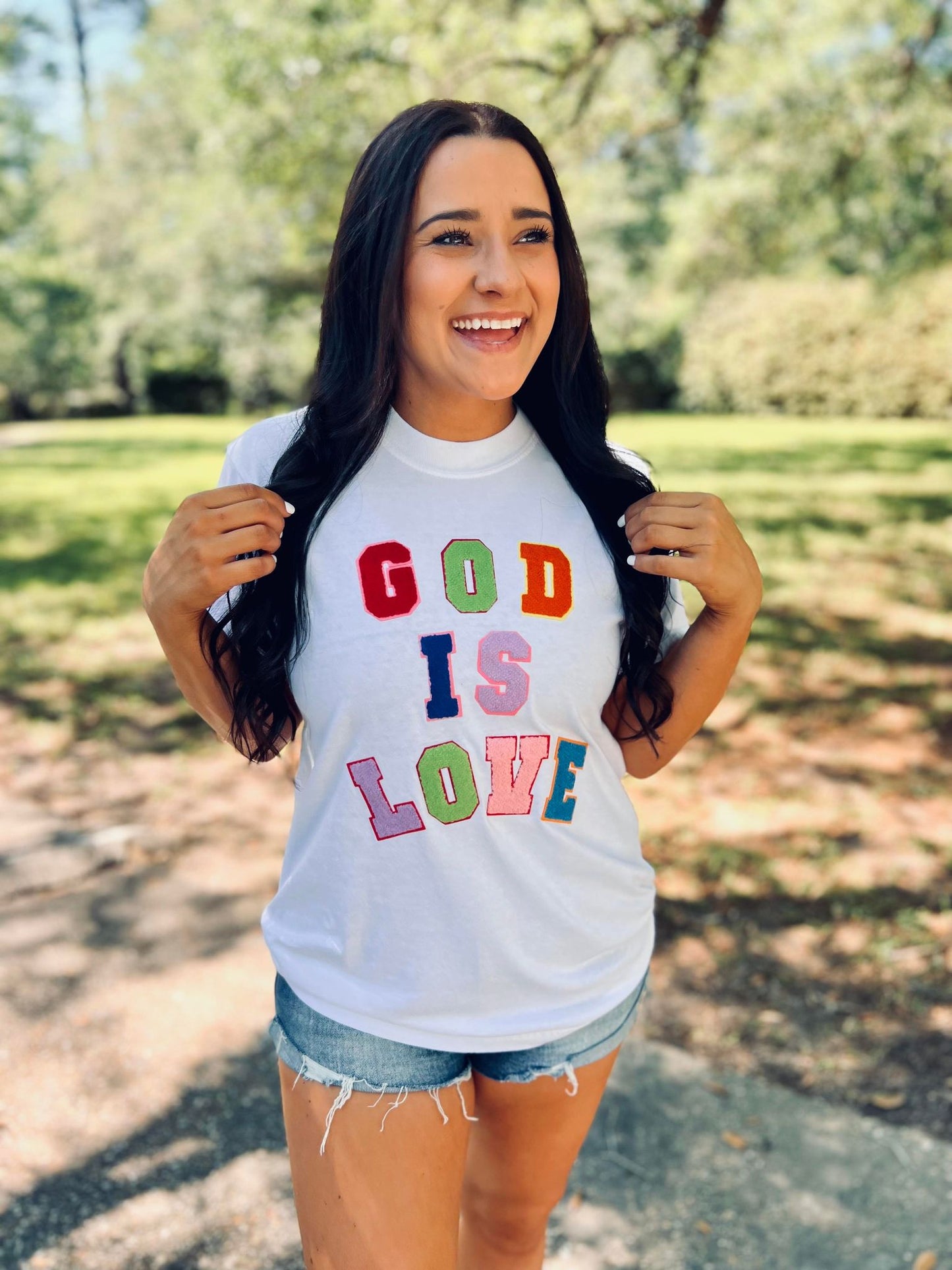 God Is Love Multi Colored Varsity Patch Tee
