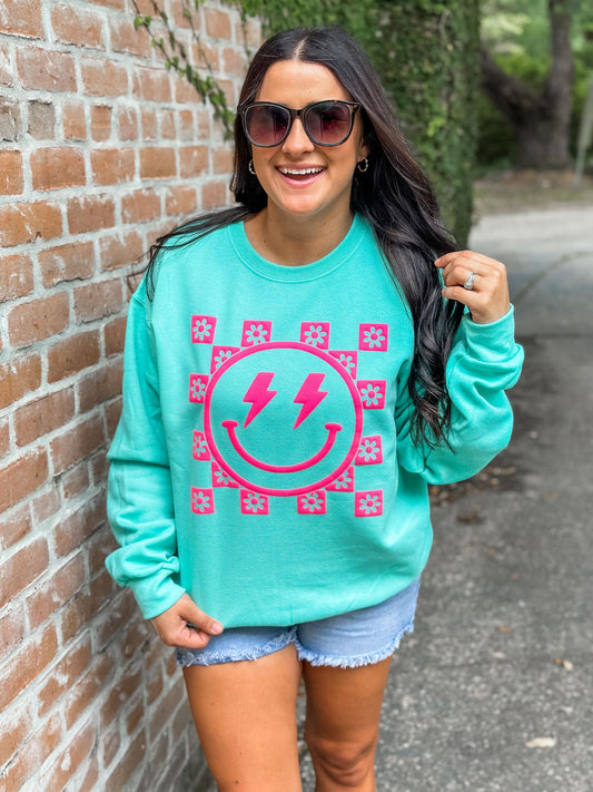 Happy Lightning Floral Checkered Puff Sweatshirt