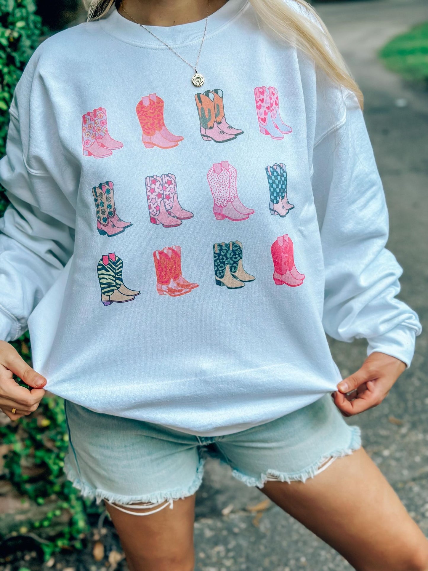Preppy Patterned Stacked Cowboy Boots Sweatshirt