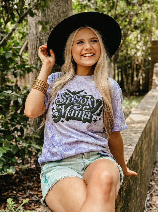 Spooky Mama Sparkle Bats Puff Mineral Wash Tee