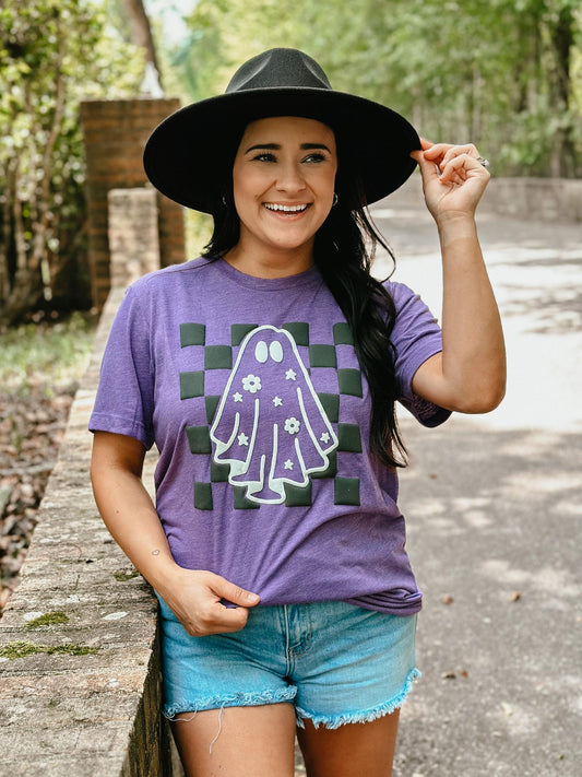 Checkered Floral Ghost Outline Puff Tee