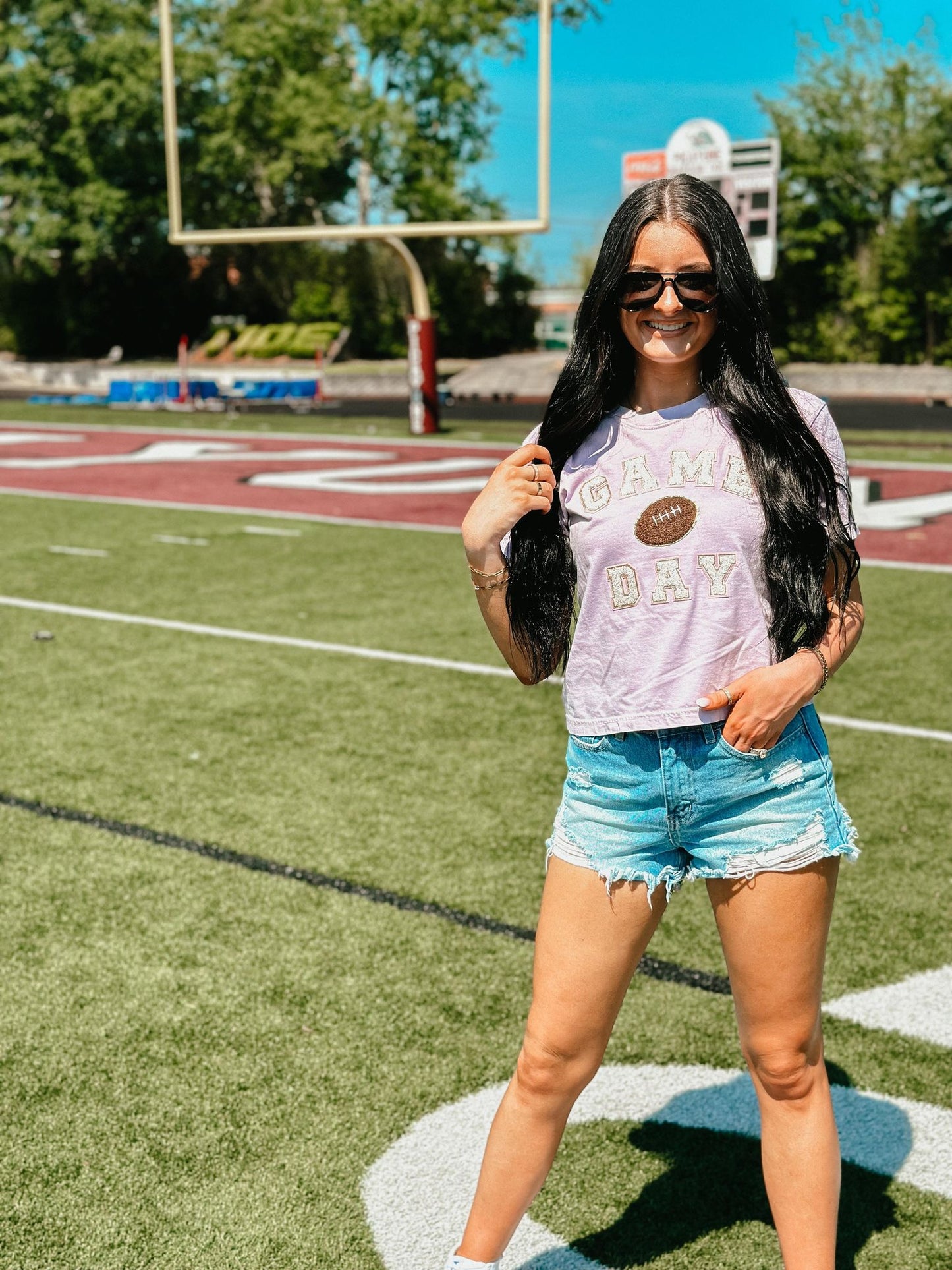 Game Day Football Rose Gold Chenille Patch Midi Cropped Tee