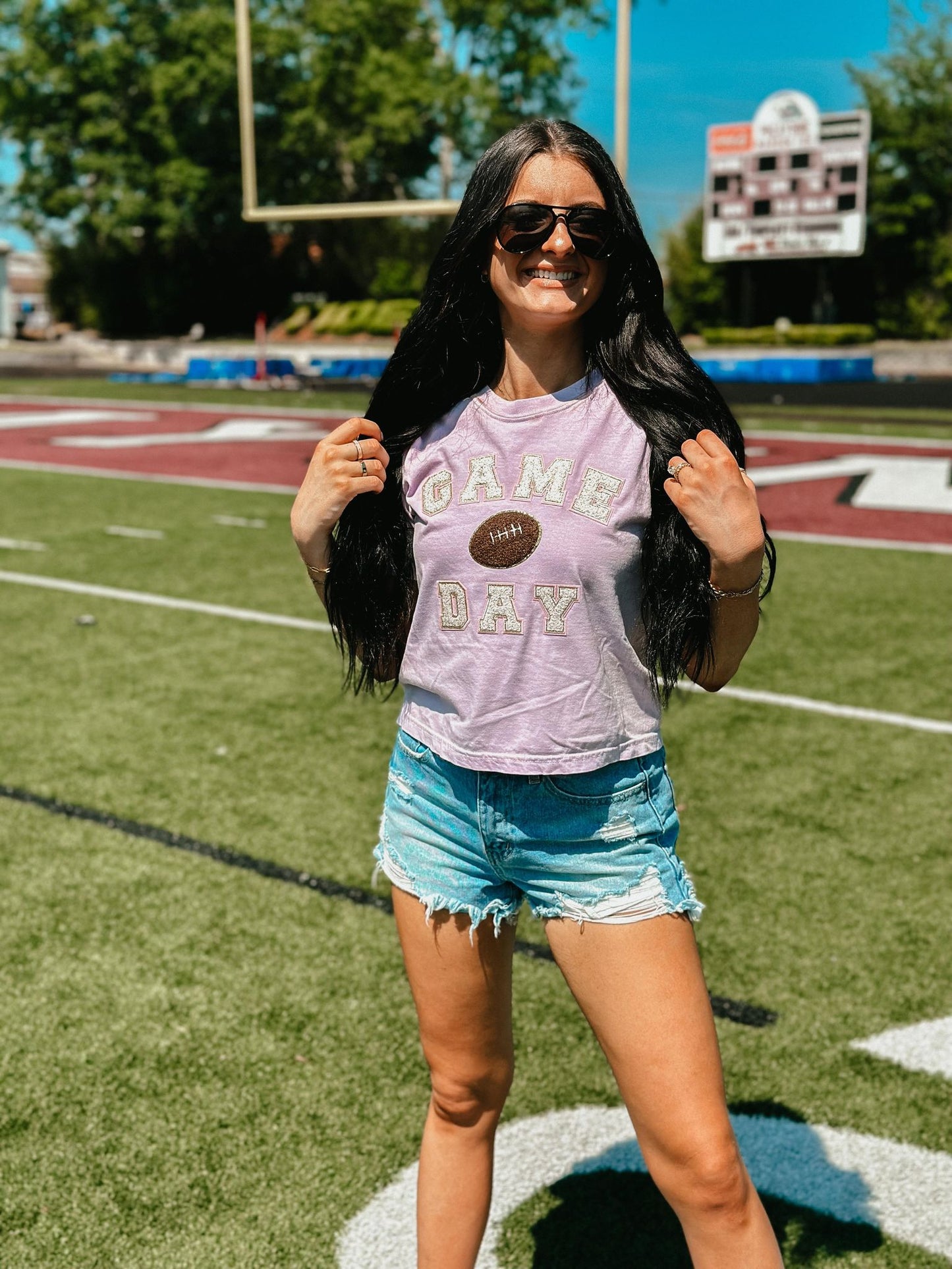 Game Day Football Rose Gold Chenille Patch Midi Cropped Tee