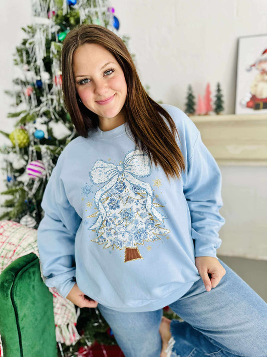 Chino Blue Glitter Tree DTF Graphic Sweatshirt