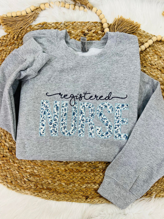 Floral Registered Nurse 2 Font Applique Sweatshirt