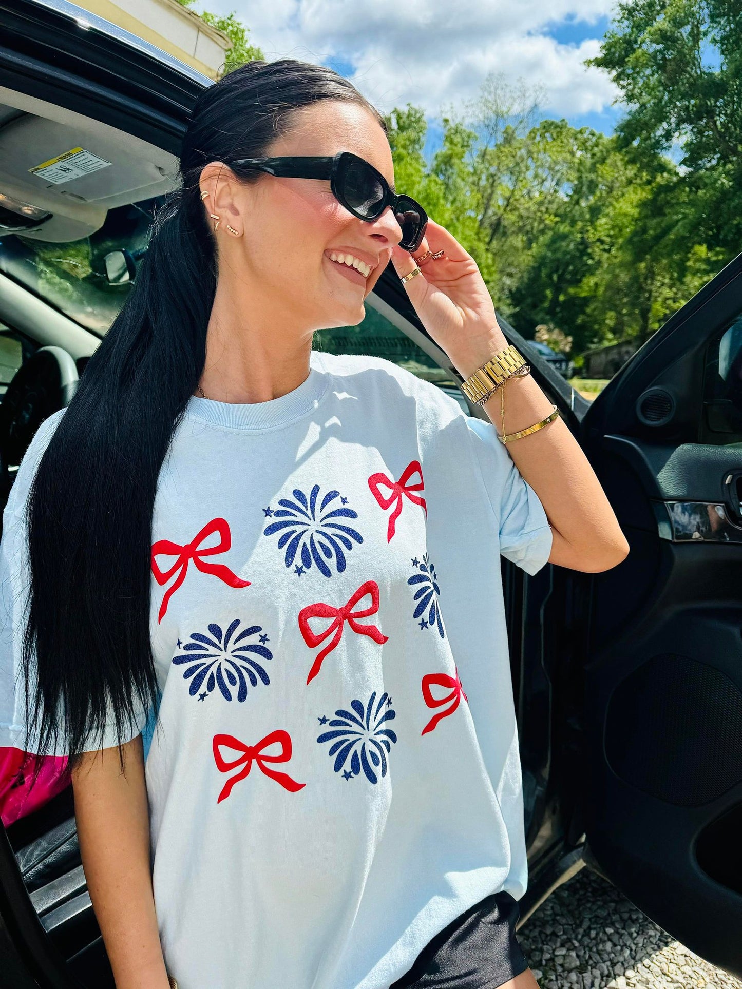 Firework Bow Trio Stack Puff Glitter Tee