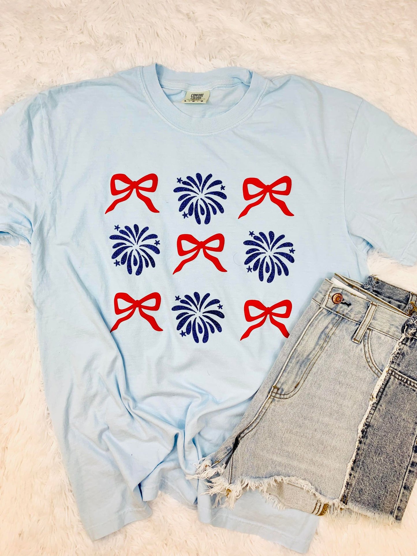 Firework Bow Trio Stack Puff Glitter Tee