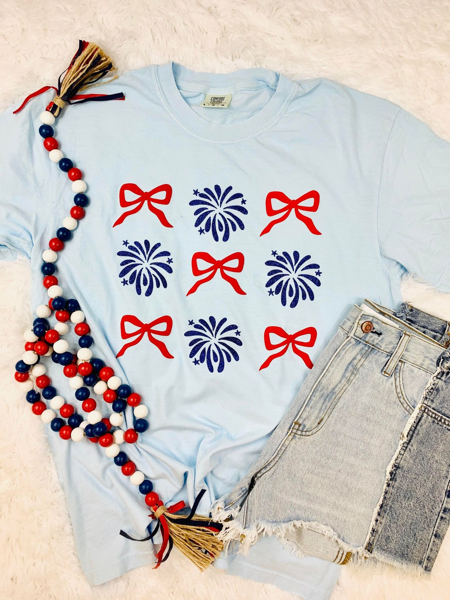 Firework Bow Trio Stack Puff Glitter Tee