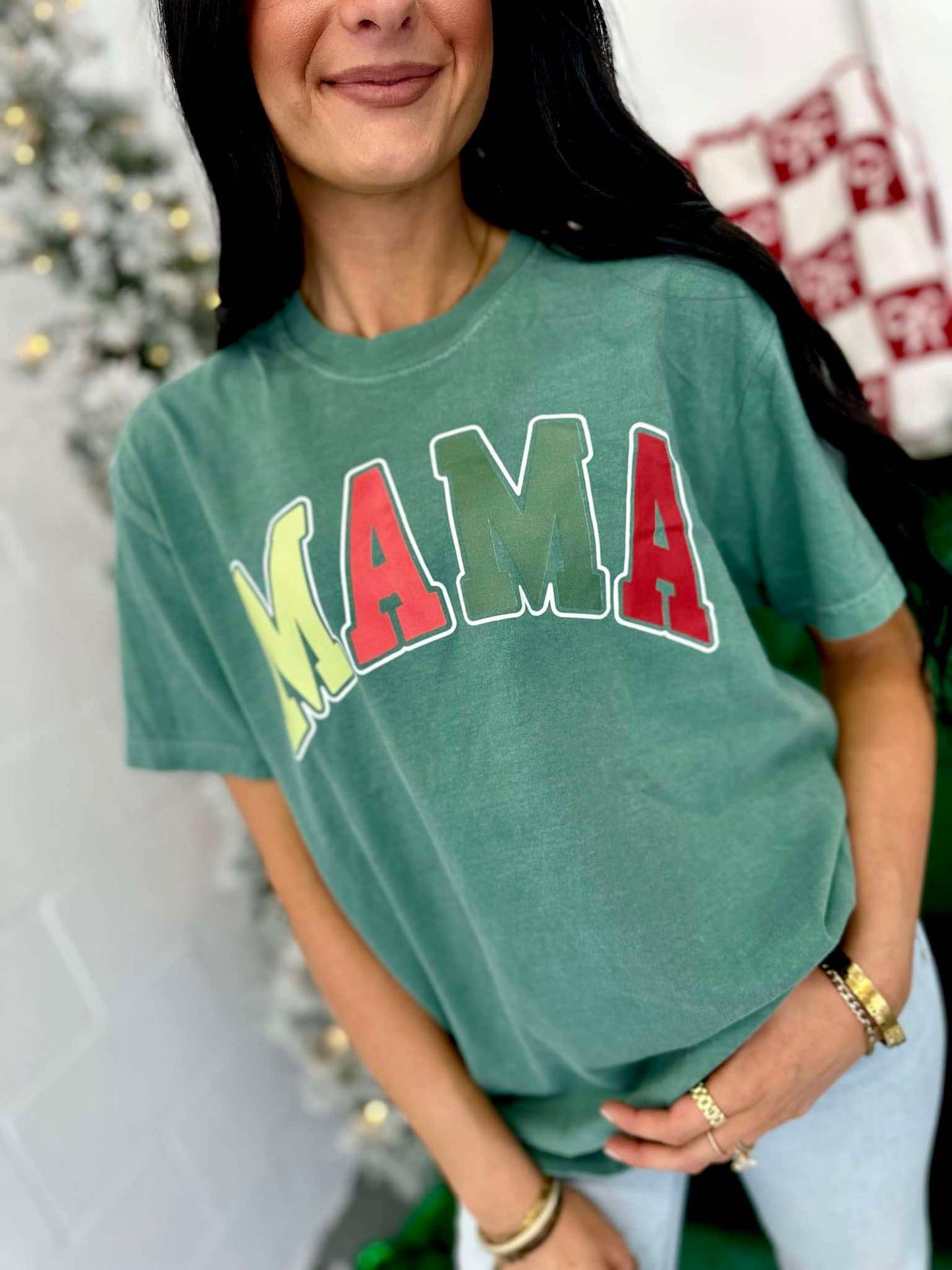 Mama Christmas Varsity Curved DTF Tee