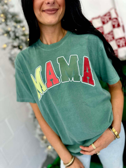 Mama Christmas Varsity Curved DTF Tee
