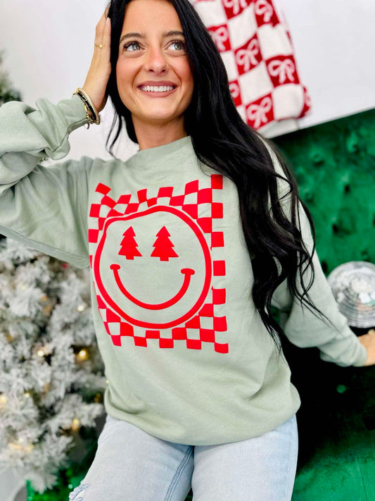 Checkered Happy Face Tree Eyes Puff Sweatshirt
