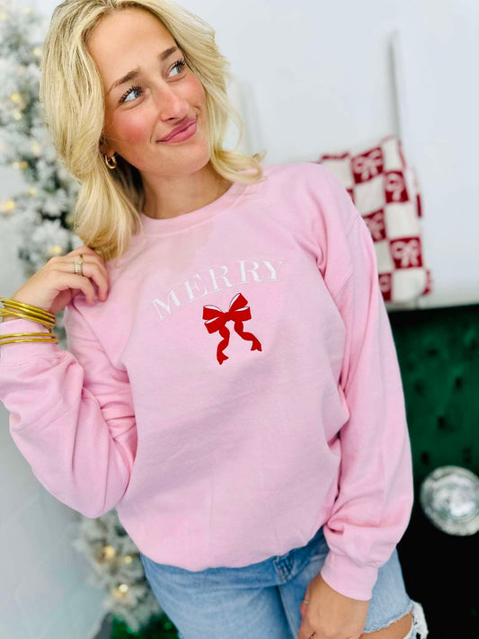 Curved Merry Coquette Bow Embroidered Sweatshirt