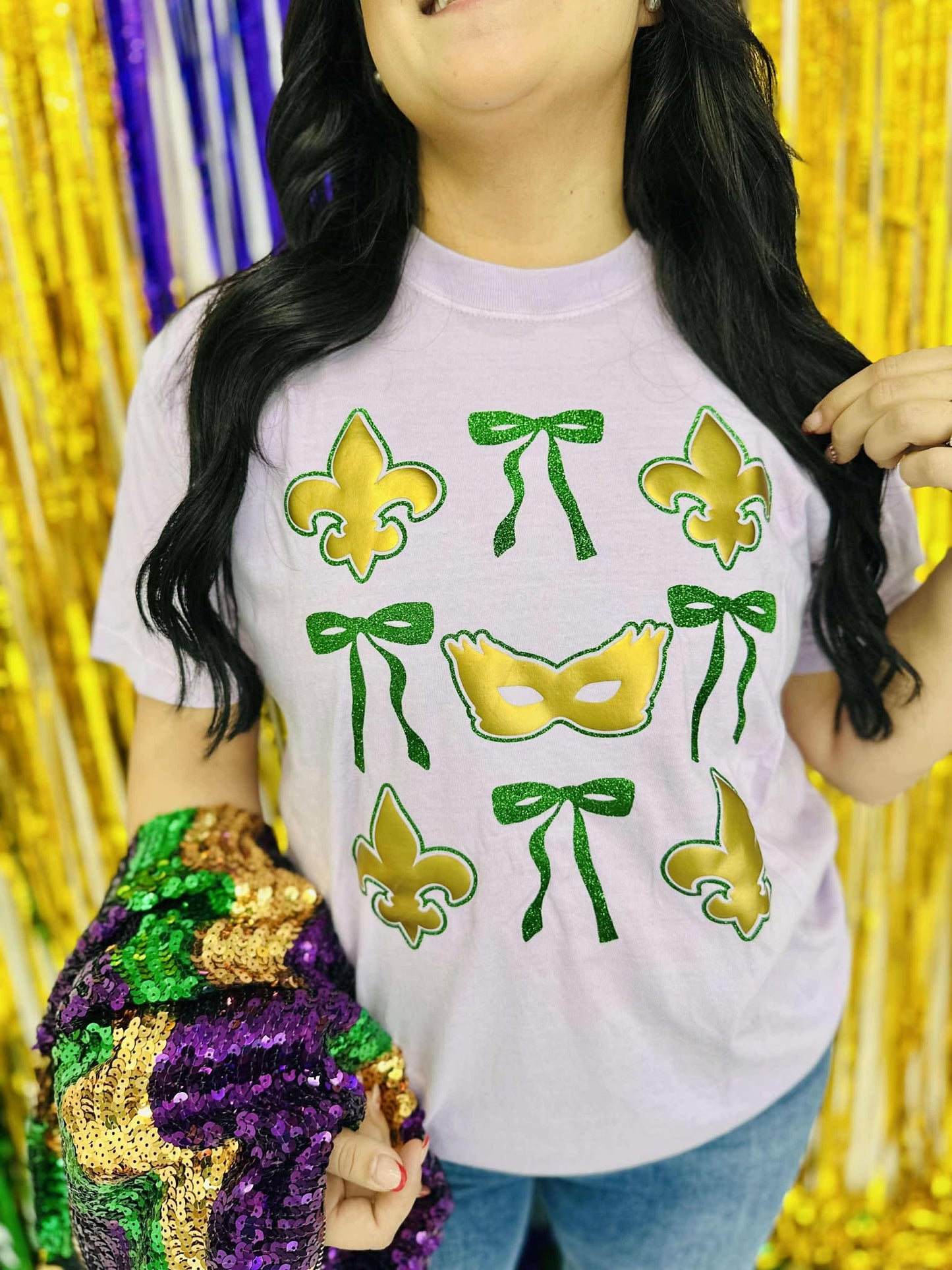 Mardi Gras Things Bow Checkered Puff/Glitter Tee