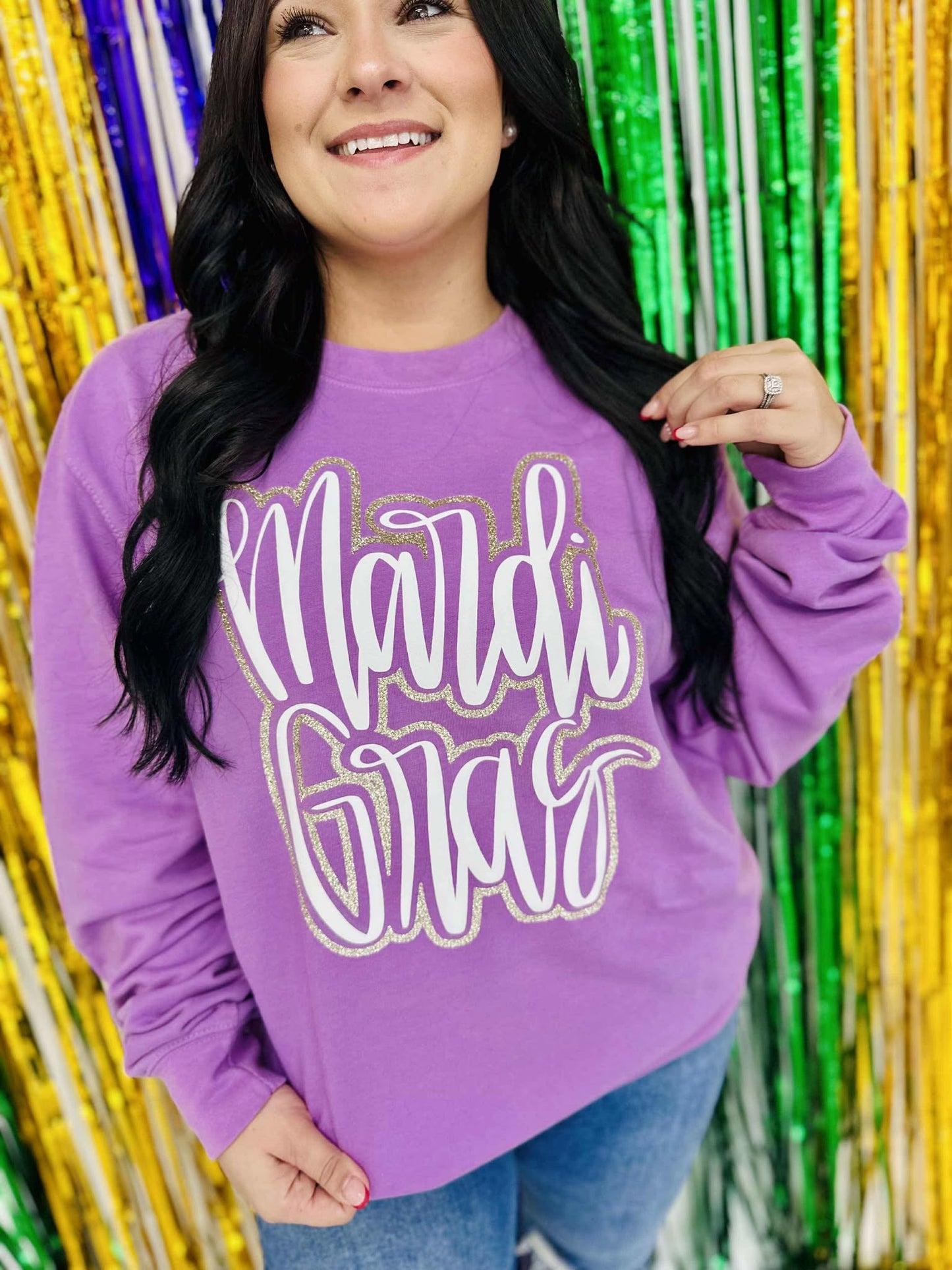 Mardi Gras Cursive Double Puff/Glitter JUST HOODS SWEATSHIRT