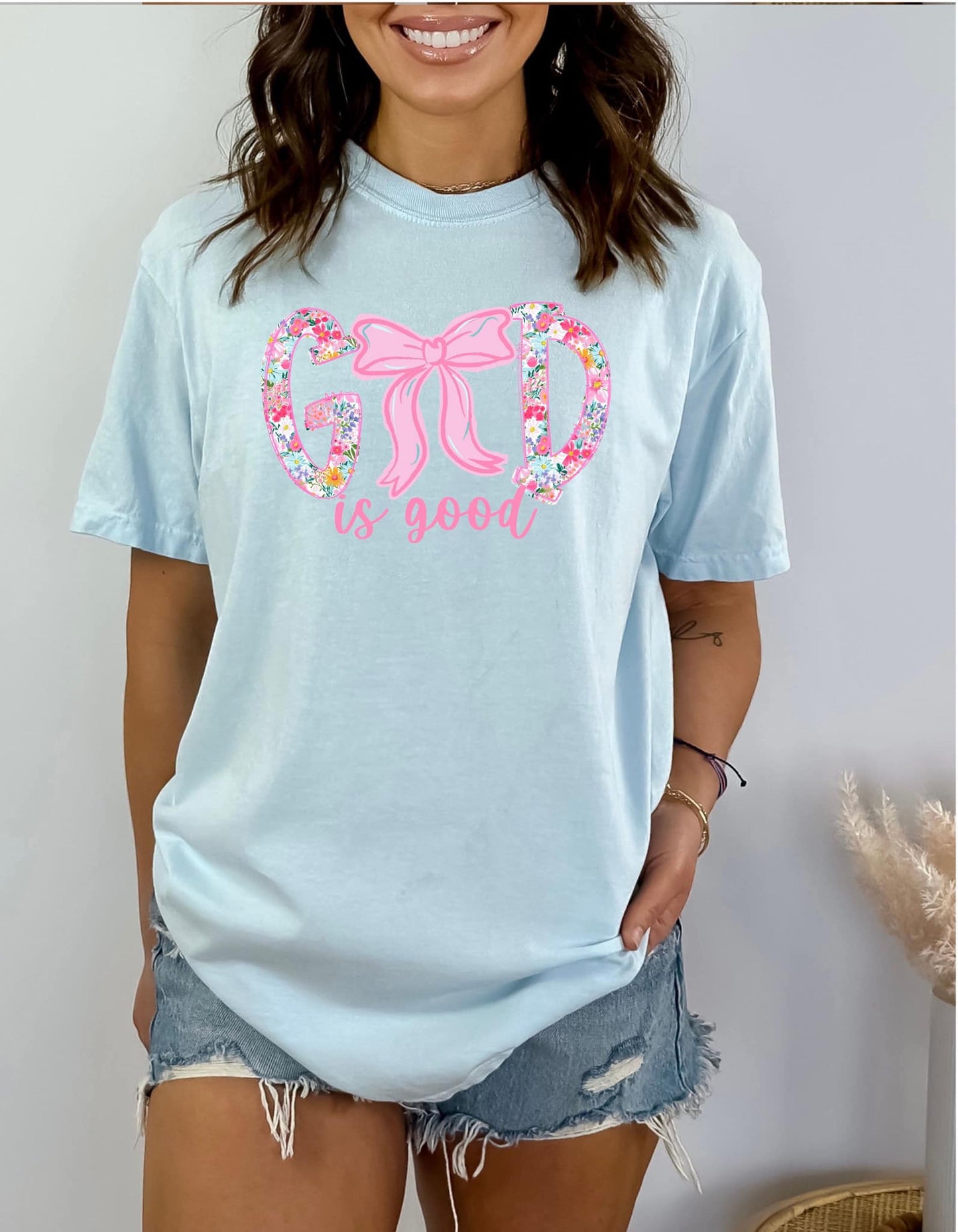 God Is Good Pink Floral Bow DTF Tee