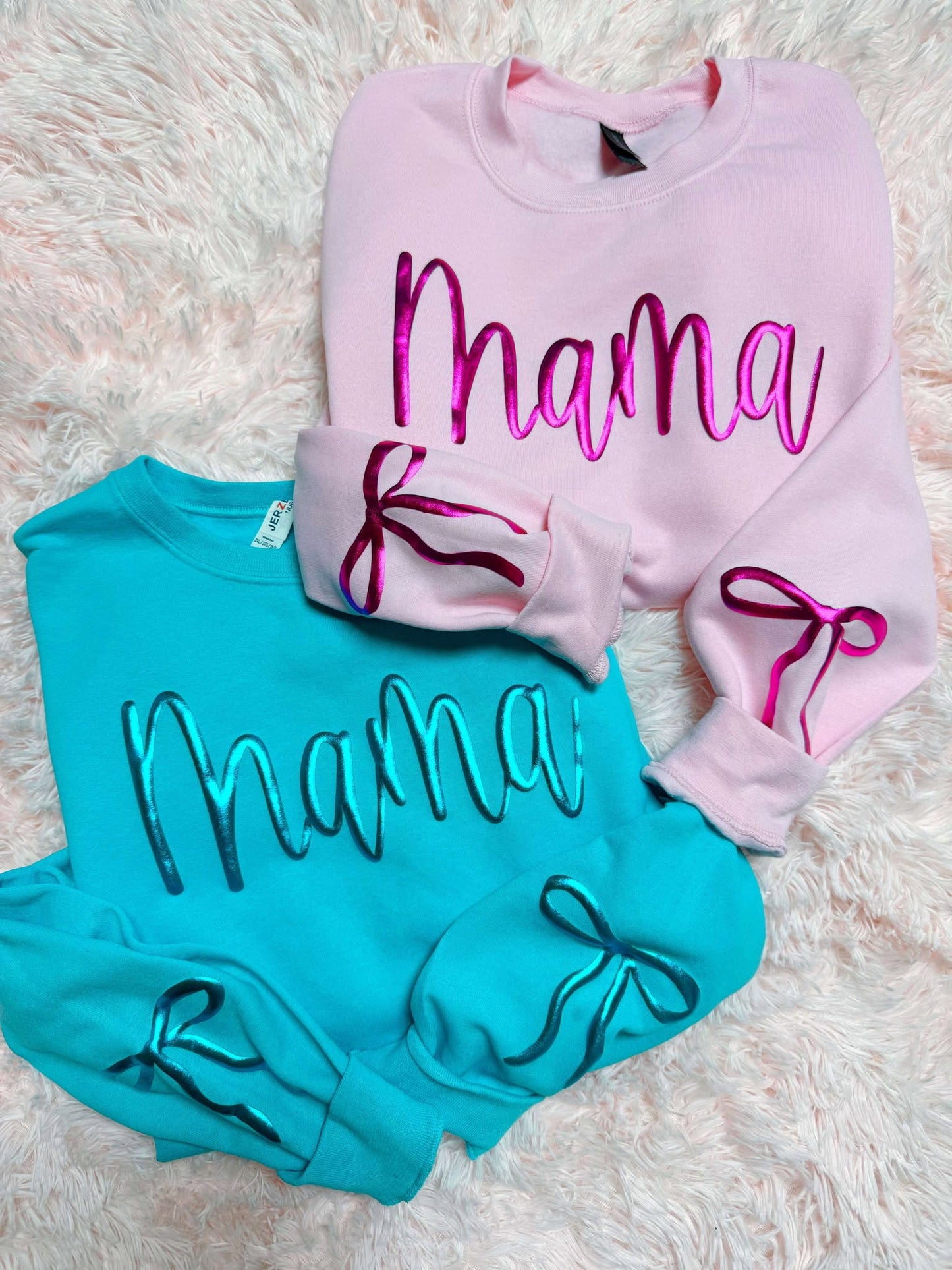 Cursive Custom Metallic Bow Sleeve Puff Sweatshirt
