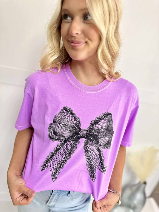 Black Lace Large Bow DTF Tee