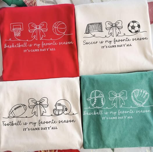 Four sports-themed towels with graphics and "My favorite season" text on a white background