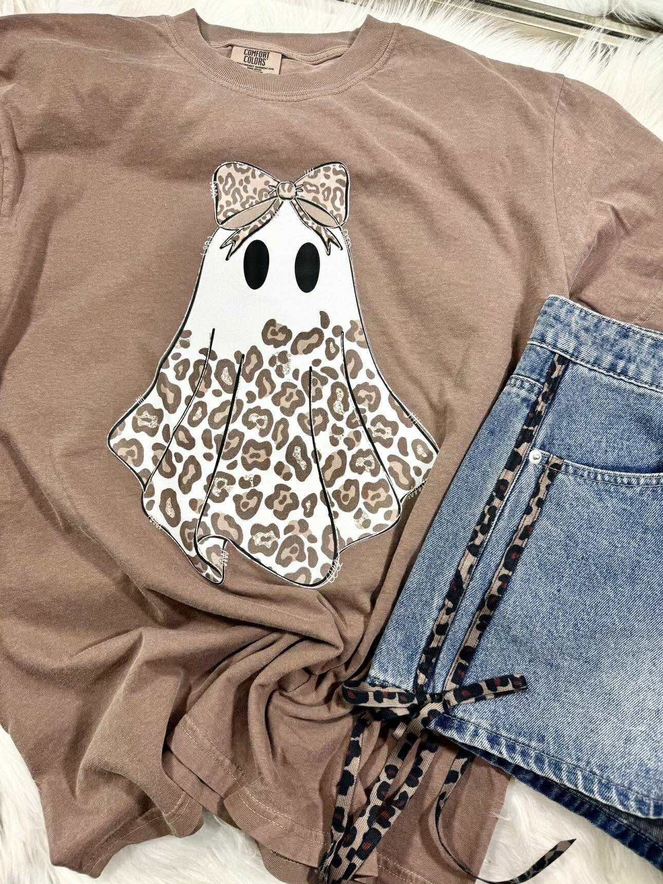 Cheetah Girly Bow Ghost Halloween Graphic Tee