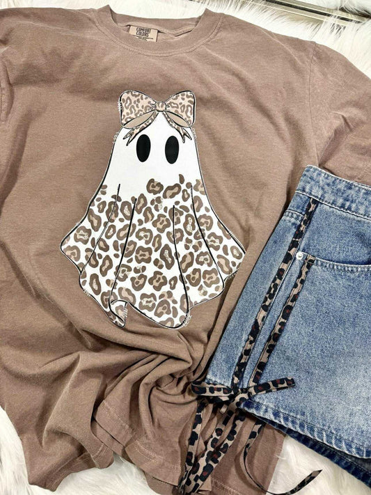 Cheetah Girly Bow Ghost Halloween Graphic Tee