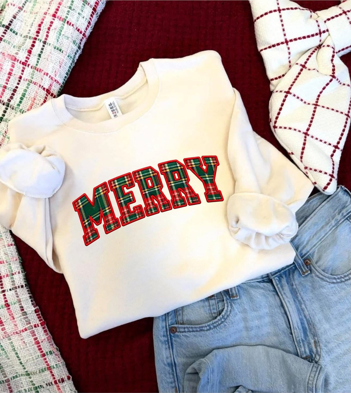 Christmas Plaid Merry Faux Embroidery CMAS119 DTF Top