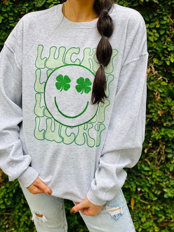 Lucky Happy Face Glitter & Sublimation Sweatshirt