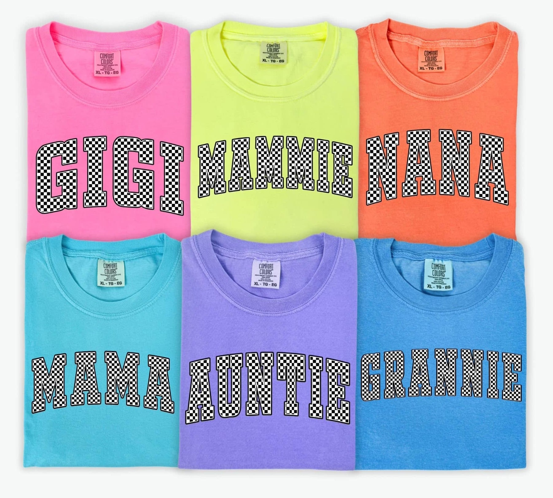Set of colorful t-shirts with text on a white background
