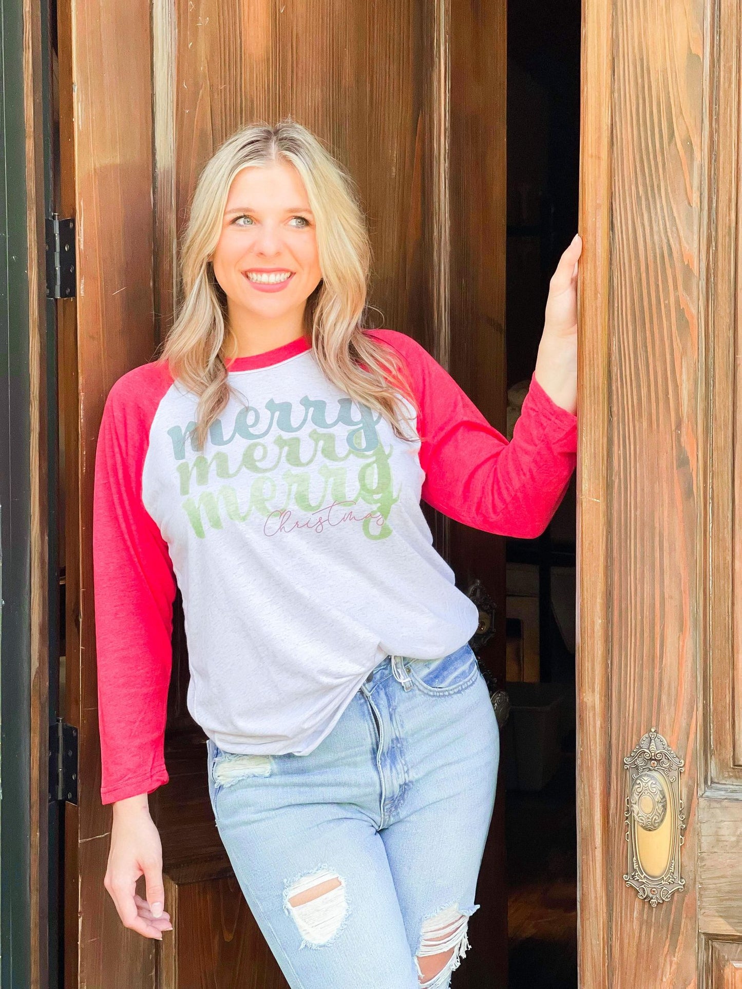 Merry Christmas Green Stacked Raglan